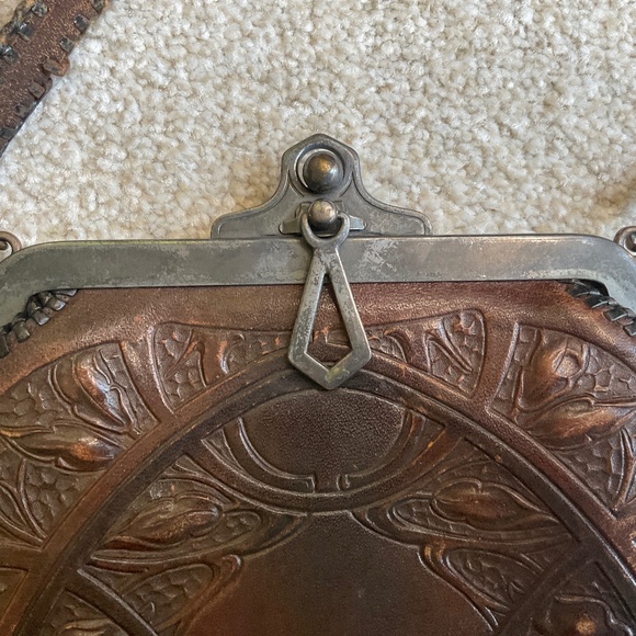 Vintage Hand Tooled Leather Metal Purse Early 1900s Antique - Picture 3 of 13